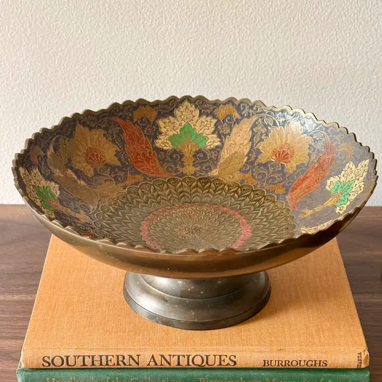 Stunning large vintage Etched Brass Peacock Pedestal Bowl – Made in India