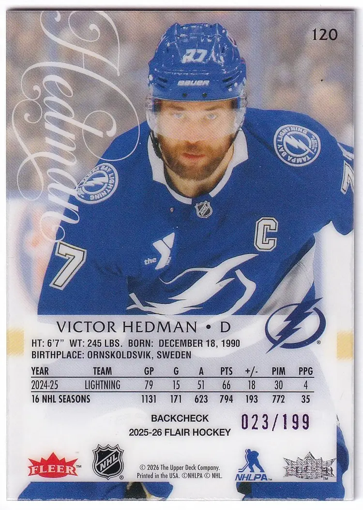 2025-26 Flair Backcheck #120 Victor Hedman Tampa Bay Lightning Hockey Card