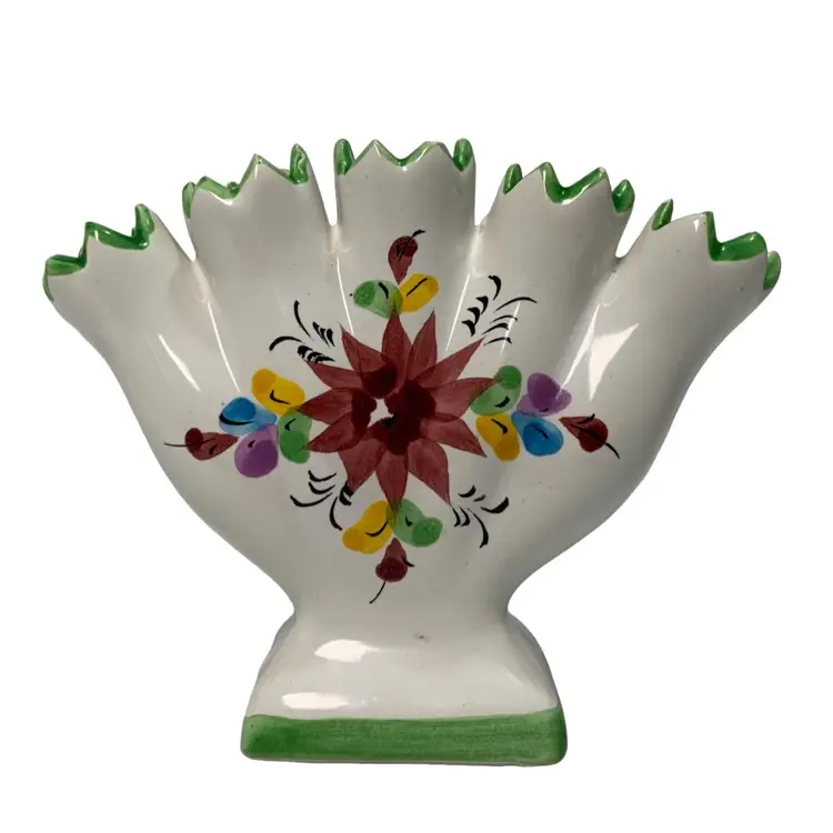 VTG 5 Finger Tulipiere Bud Vase. Hand Painted, Signed Portugal
