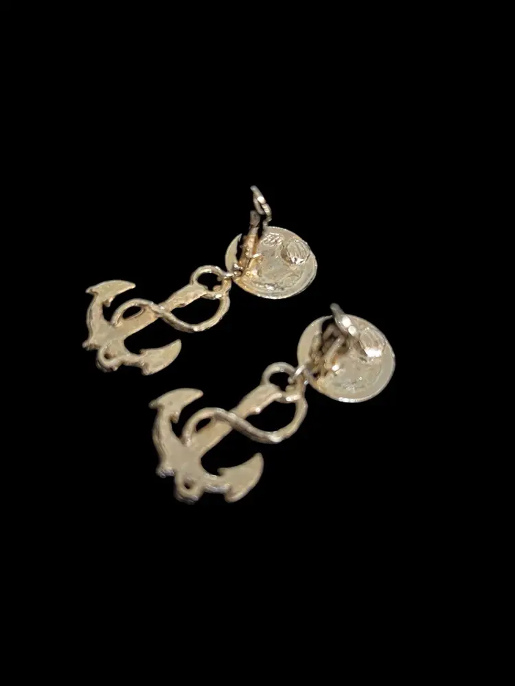 Vintage Cream Enamel Anchor Nautical Design Gold Tone Dangle Clip-on Earrings #ofc-2