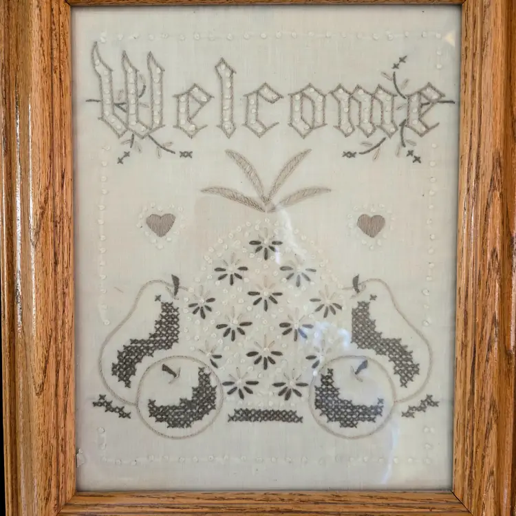 Framed WELCOME Needlework Candlewick Neutrals Pineapple and Fruit Completed