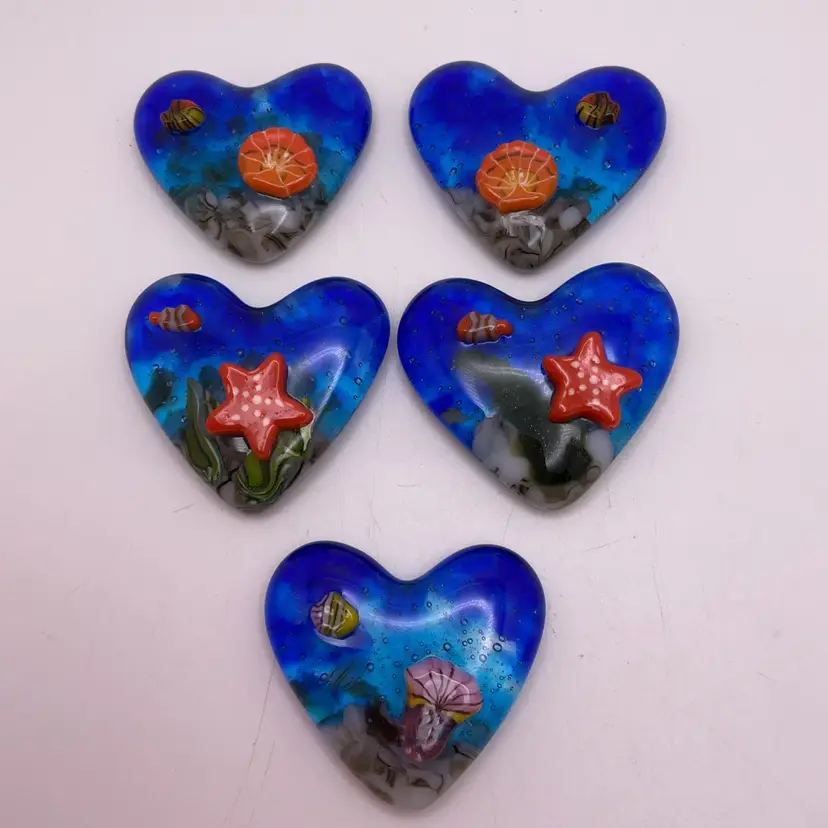 Made by Me! Fused Glass Pocket Heart Ocean Theme with Scallop Starfish or Anemone 1.75" Handcrafted Studio Art