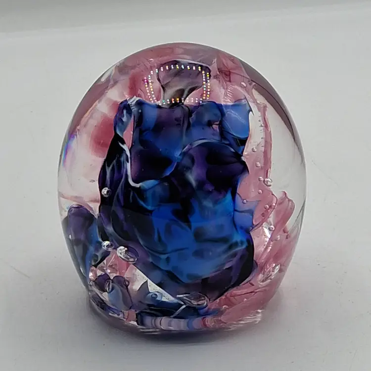 'The Glass Forge' Signed Studio Art Glass Abstract Blues, Pinks, Waves, Paperweight