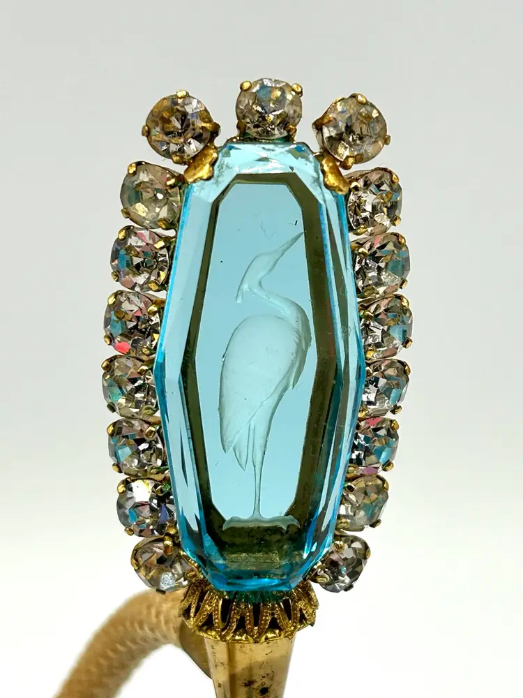 Vintage Irice Intaglio Rhinestone Perfume Bottle Heron Prong Set Stones