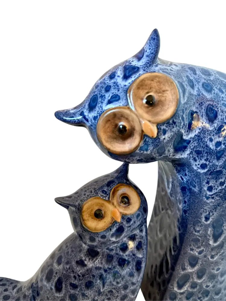 Pier 1 Collectible Bookend/Figurines Ceramic Blue Owl And Owlet set of 2