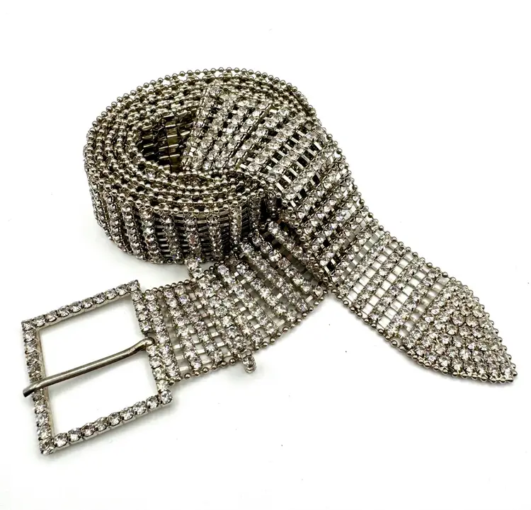 Vtg Rhinestone Belt Eight Row Prong Set Rhinestones Chain Link LARGE 48” Silver