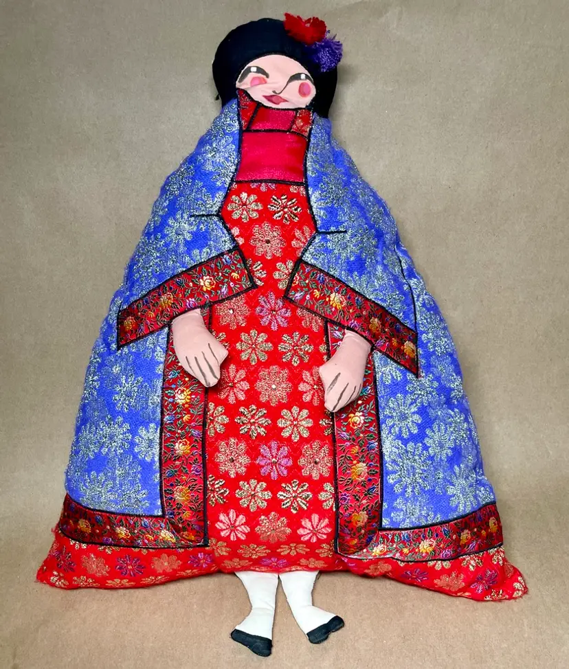 Asian Geisha Girl Influenced Hand Sewn 3D Decorative Pillow Doll Fiber Art OOAK
