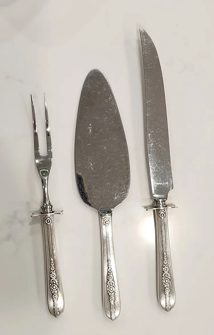 Oneida Royal Rose Silverplate Carving Knife & Fork w/ Cake Server Vintage 1939