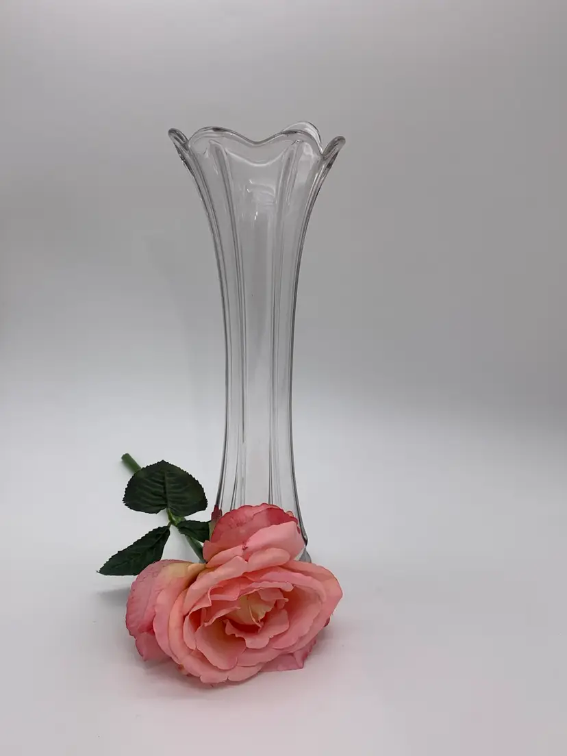 12” Vintage Clear Panel Swung Fluted Rose Flower Vase Round Sunburst Base