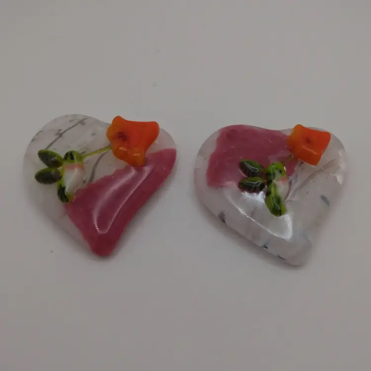 Made by Me! Fused Glass Heart with 3D Hummingbird 2" Handcrafted Studio Art Version 2