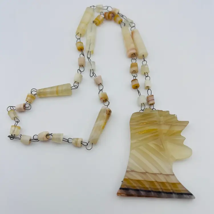 Vintage Mexican Carved Onyx Necklace 15”