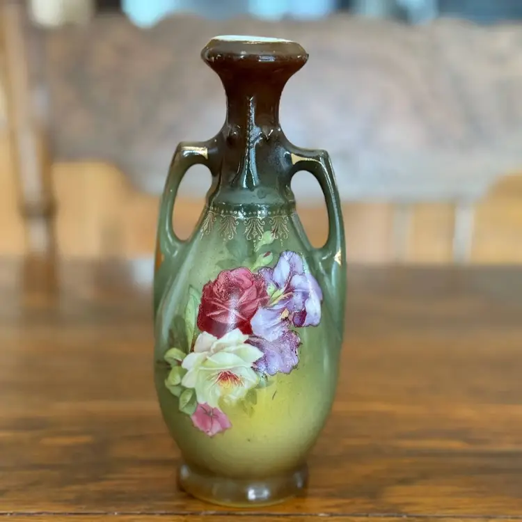 Antique Art Nouveau Hand Painted Floral Vase – Dual Handled Green & Brown Pottery, 7 Inch – Early 1900s European Style