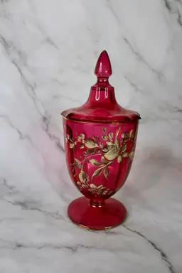 Hand-Painted Cranberry Lidded Candy Dish