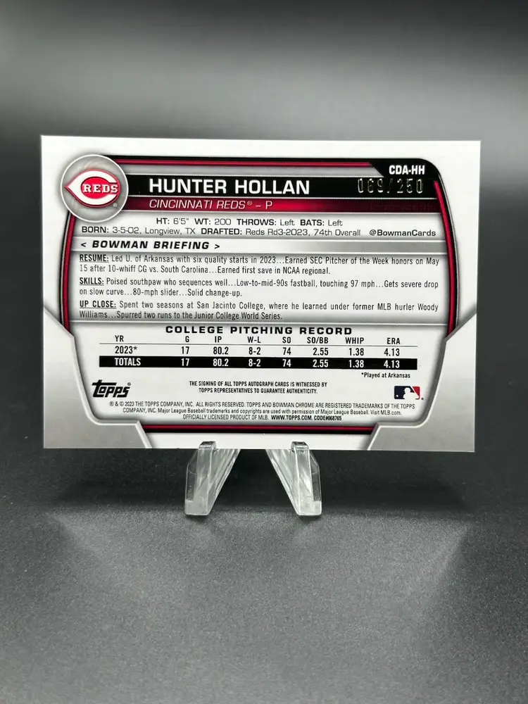 HUNTER HOLLAN 2023 Bowman Draft Purple Chrome Auto /250 CDA-HH Reds