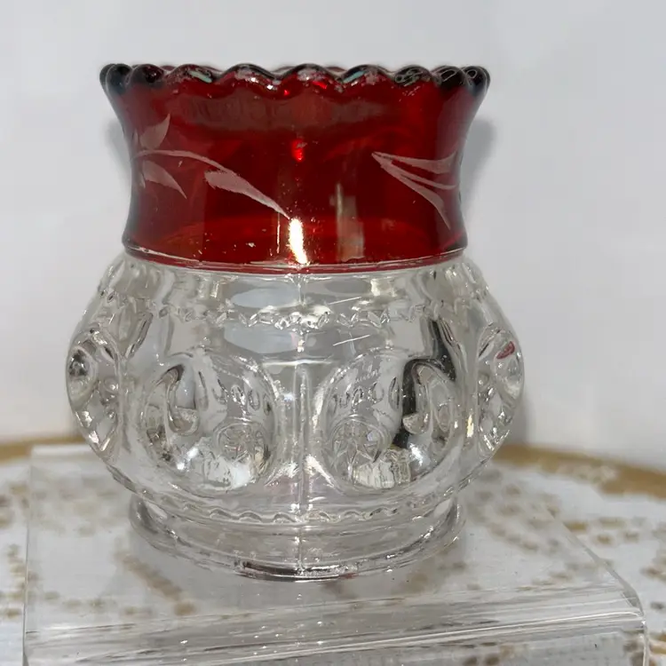 Kings Crown Ruby and Clear Flash Thumbprint Design Toothpick Holder EAPG With Etching In The Ruby Rim