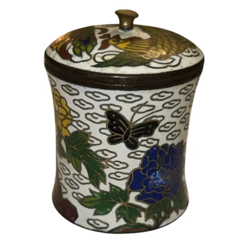 Vintage Chinese Cloissone Rooster/butterfly/flowers Trinket Jar Signed 2”