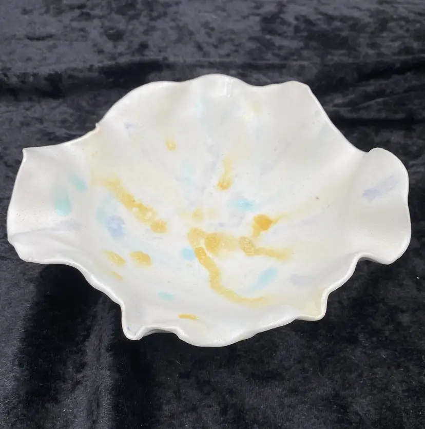 Vtg. Art Pottery Bowl, Signed, Off-White w/Yellow/Aqua/Purple Glazes, Ruffled
