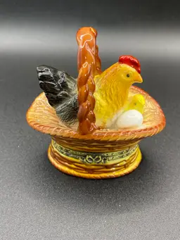 Vintage Herco Porcelain Mother Hen With Chick And Egg In Basket