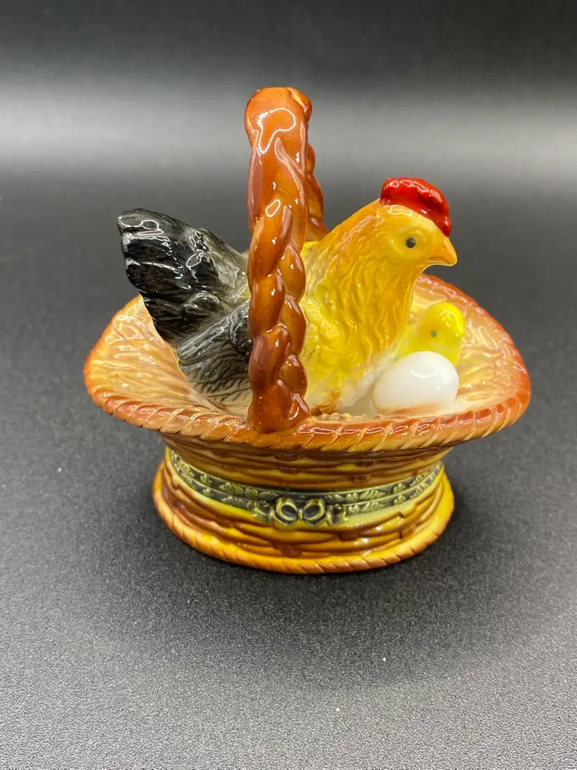 Vintage Herco Porcelain Mother Hen With Chick And Egg In Basket
