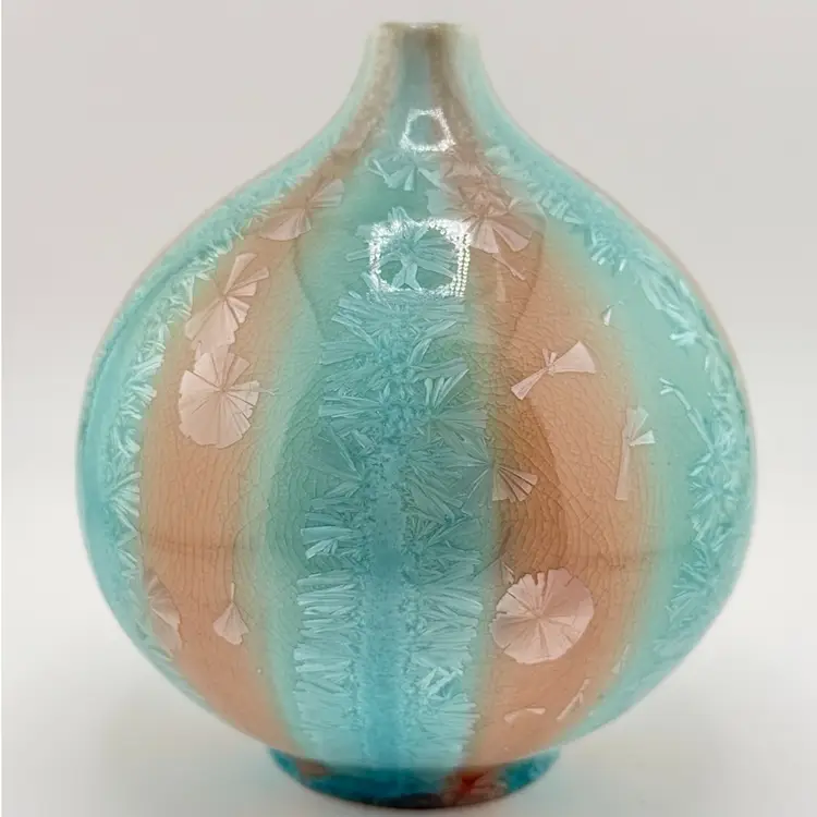 Crystalline Pottery Vase Blue Caramel Tone 1997 5 X 4 1/2 Signed