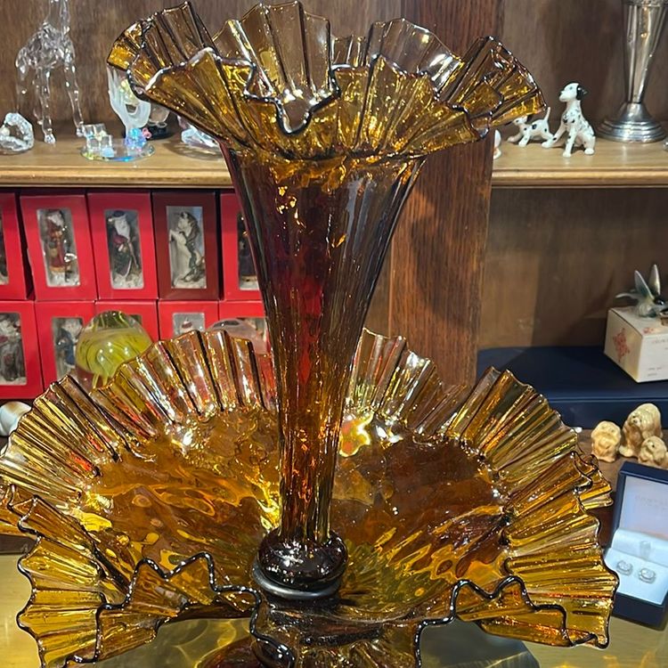 Large 15" Fenton Art Glass c1955  Amber One Horn Epergne Crimped Edge Flower Vase