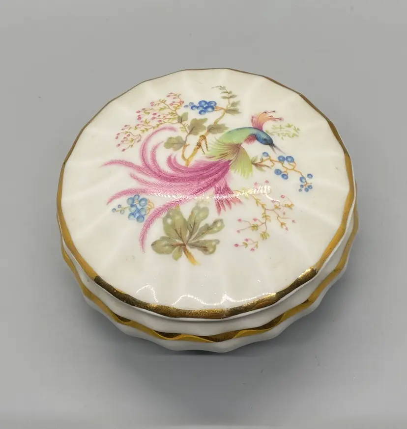 Vintage Limoges France Round Bird of Paradise Porcelain Trinket Dish w/ Lid