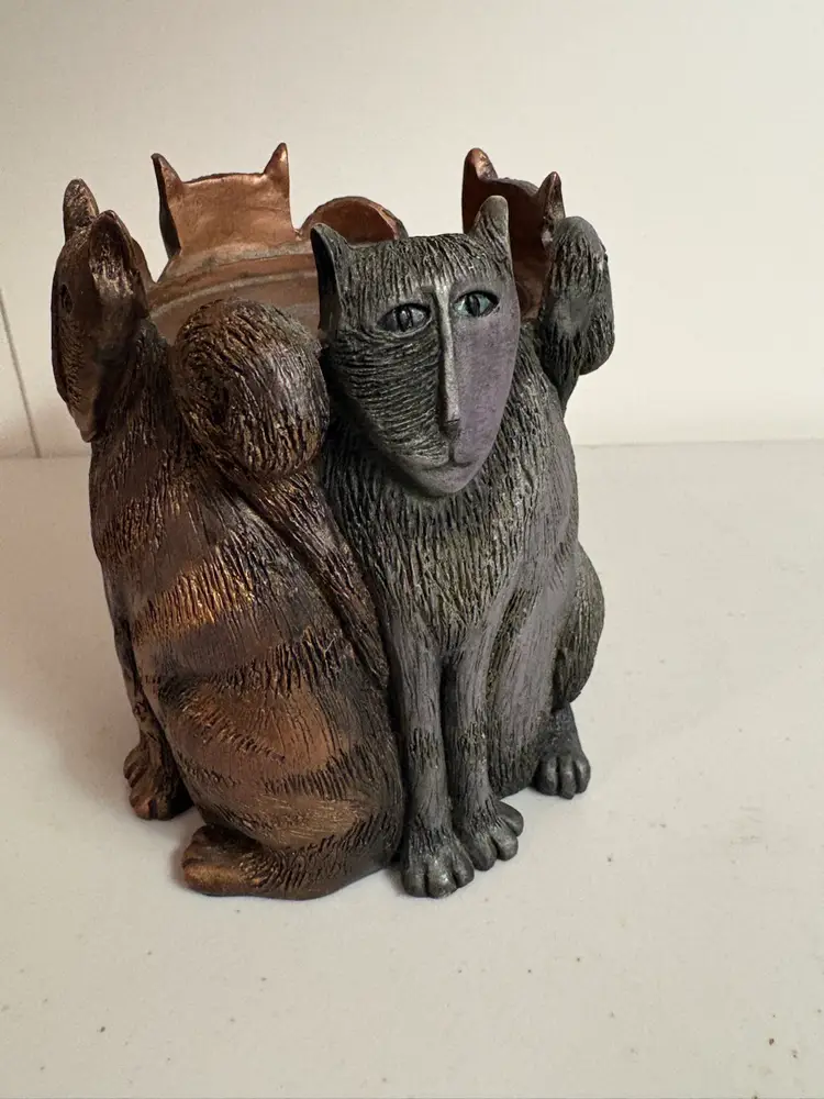 Marsha McCarthy Cat Candle Holder Pillar Signed Decor Art Figurine Cat Decor
