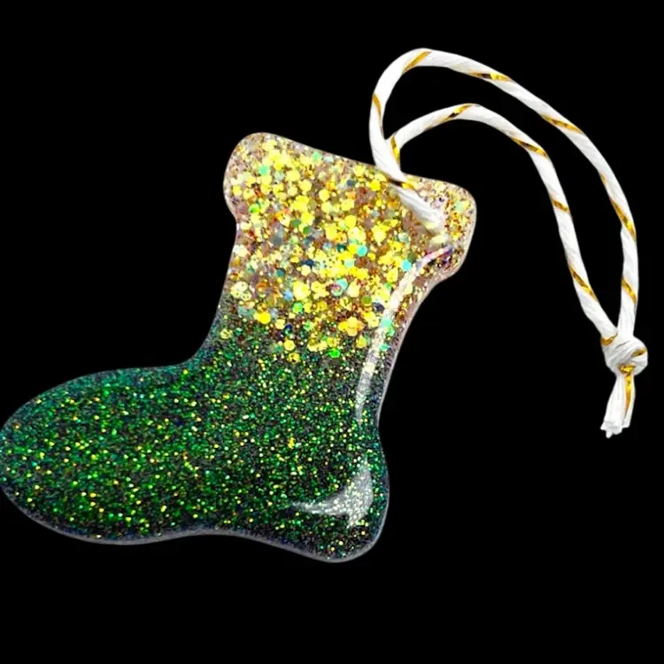 Handmade 1-3/4” Gold And Green Glitter Stocking Winter Christmas Ornament. Handmade by me 🫶
