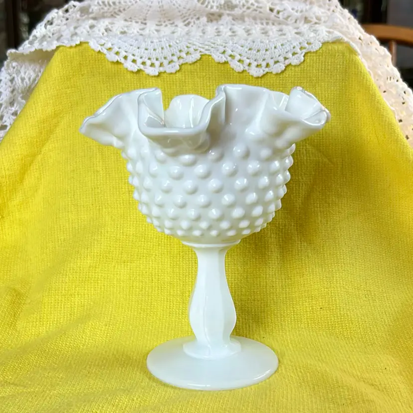 Vintage Fenton White Milk Glass Hobnail Ruffled Top Pedestal Candy Dish