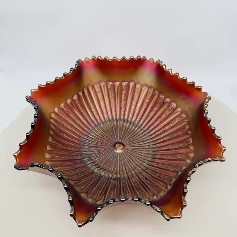#1101 Copper Bronze Colours Iridescent Carnival Glass Bowl Northwood Stippled Rays