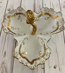 Lovely Limoges France 3 Section Gold-Handled Serving Dish