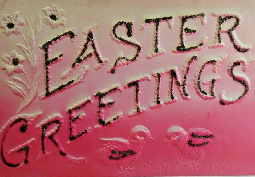 Easter Postcard Vintage Original Airbrush Glitter Mica Chicks Flowers Embossed
