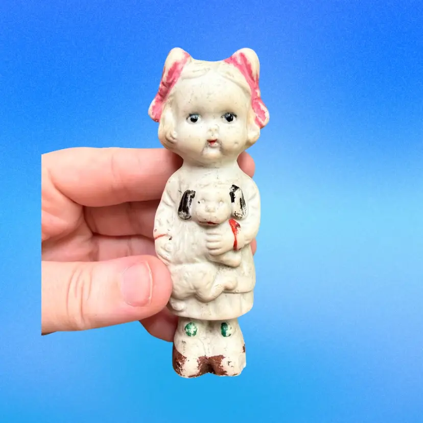 Vintage MCM 3.75” Frozen Charlotte Penny Doll, JAPAN - Girl with Puppy READ