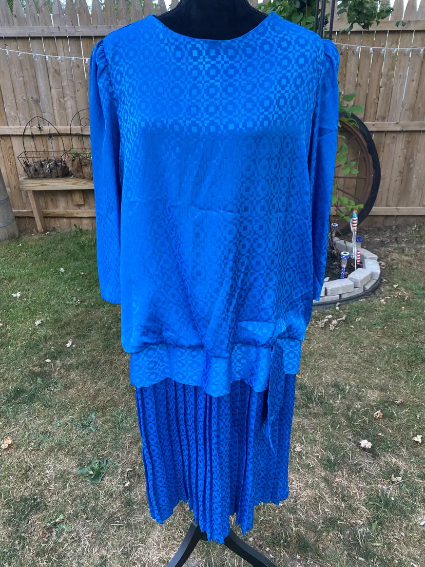 Vintage Lady Carol of New York Blue Dress Drop waist Pleated Skirt XL 70s