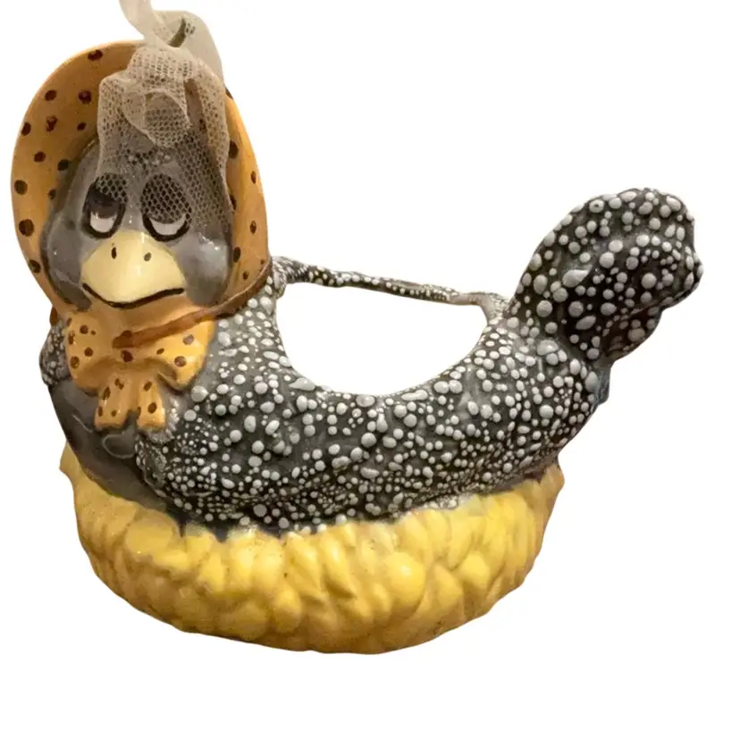 Adorable Anthropomorphic Hen With A Bonnet Sitting On A Nest Planter 4 1/2” X 5 1/2”