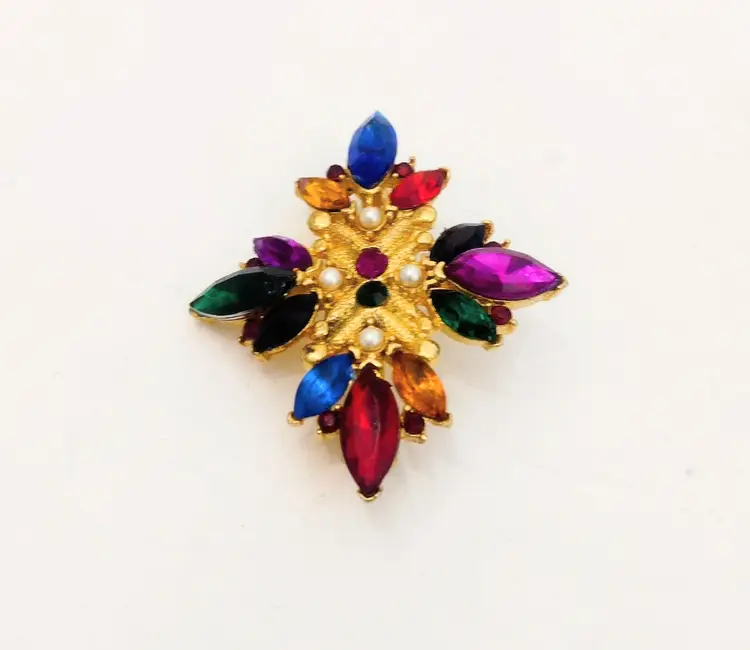 Gold Tone Faceted Stone Faux Pearl Brooch Pin Colorful Jewel Tone Regal Artsy