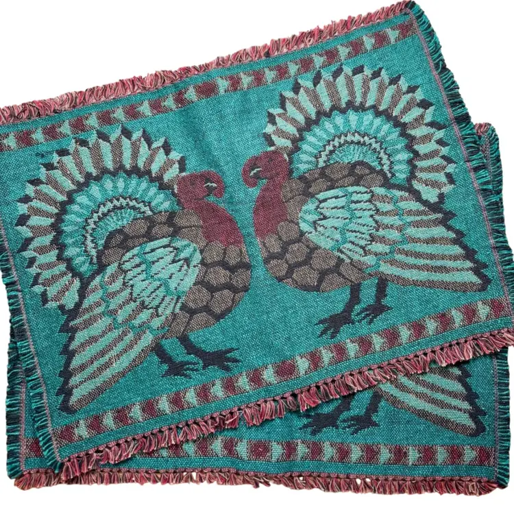 Pair Of Reversible Jacquard Woven Placemats, Thanksgiving Turkey, Autumn 2 Piece