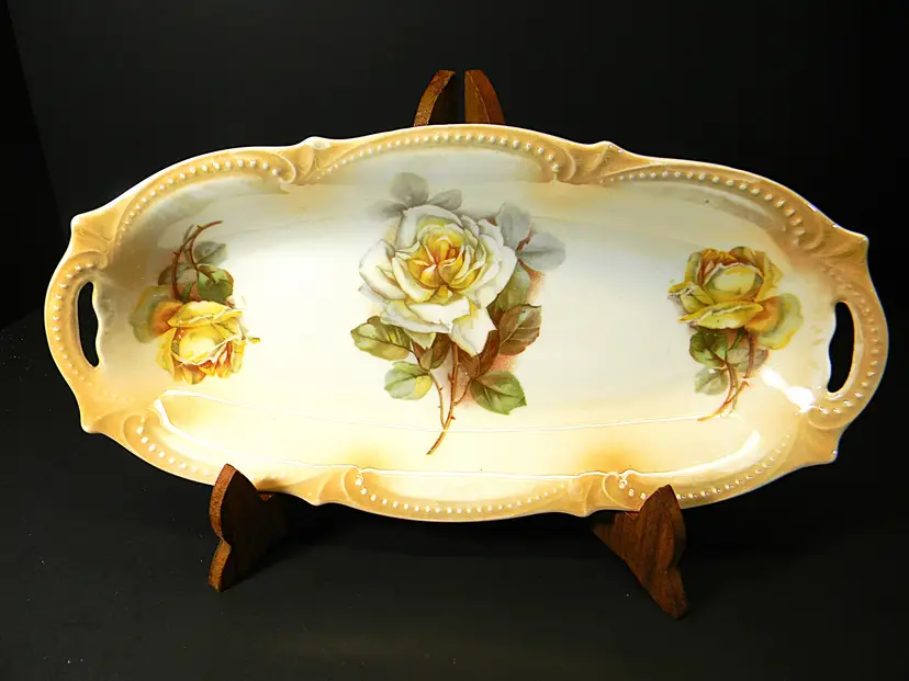 Vtg. PK Silesia Germany handled porcelain relish/celery dish with scalloped, beaded rim