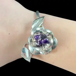 Ladda Bihler Sterling Silver And Amethyst Flower Bracelet, Signed 925 Amethyst Floral Bracelet, Handmade Sterling Bracelet With Silver Rose And Amethyst Beads, Designer Jewelry, Fine Jewelry