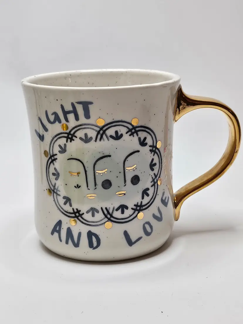 Anthropologie Light And Love Coffee Cup Mug Gold Colored Handle Speckled