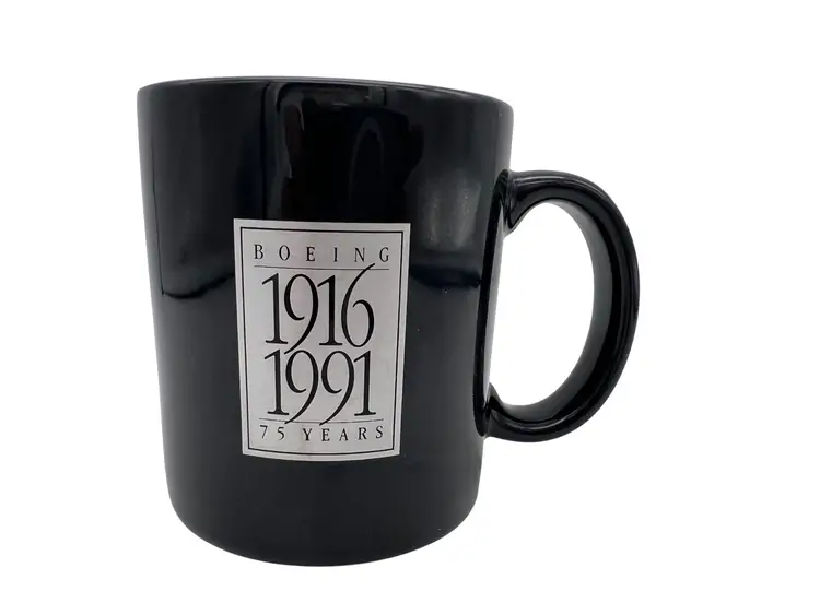 Boeing 1916-1991 75 Years Black Ceramic Mug 3.75" Aero Aviation Logo Vintage Cup