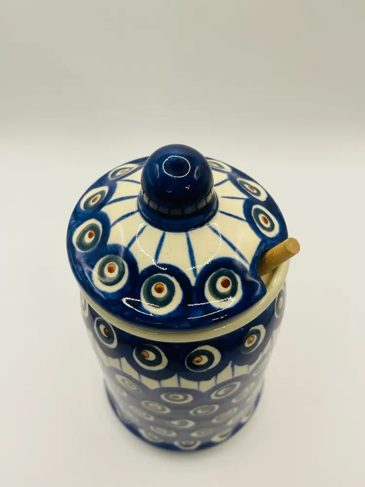 Vintage Polish Pottery Canister With Notched Lid