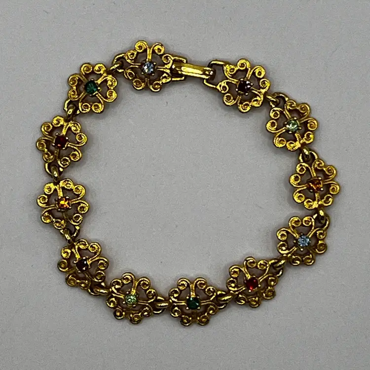 Vintage Etruscan Revival USA Gold Tone Rhinestone Bracelet