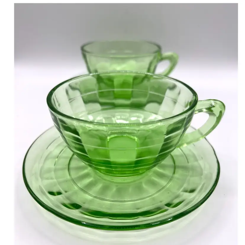 Set Of 2 Uranium Glow Depression Vaseline Glass Green Cups & Saucers