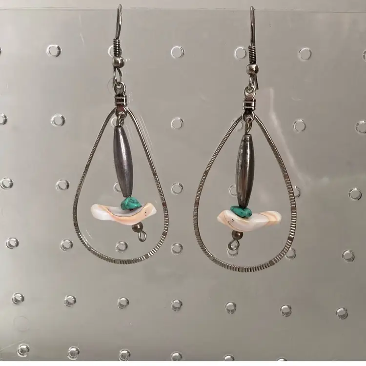 Vintage Southwestern Silver, Turquoise And Fetish Shell Bird Earrings