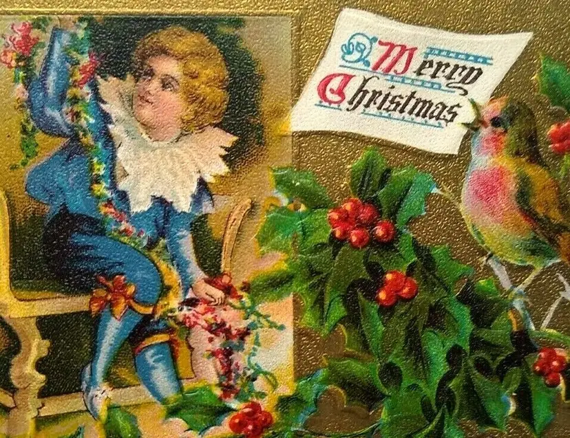 Vintage Christmas Postcard Original Fancy Dressed Victorian Child Song Bird