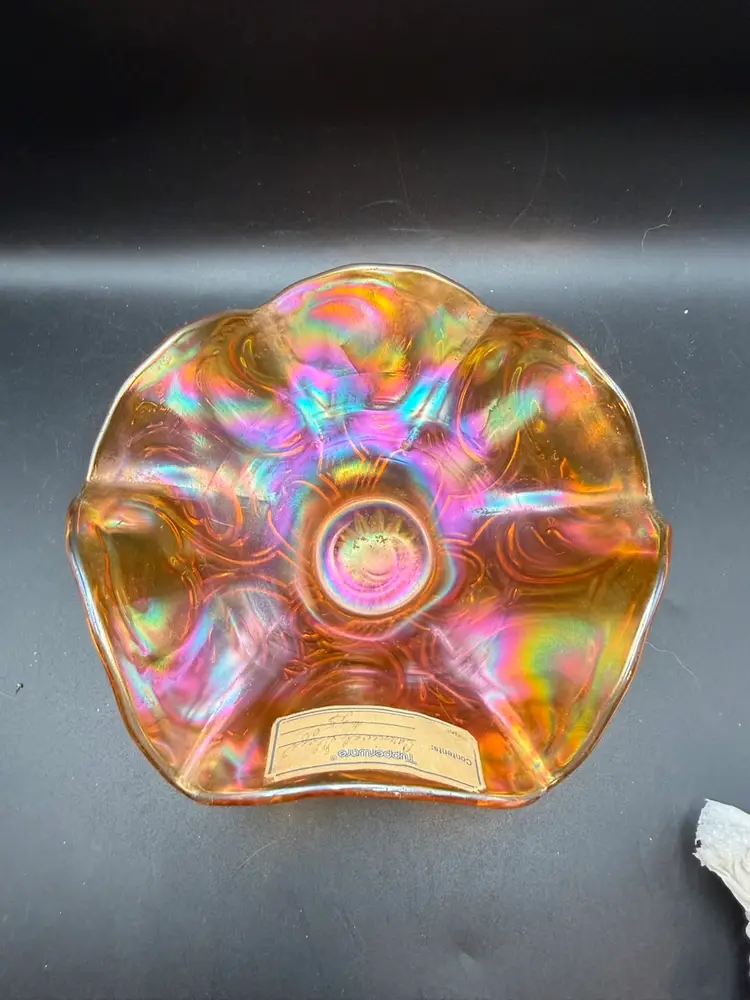 Antique Imperial Glass Rococo Iridescent Marigold Carnival Glass Ruffled Candy Dish