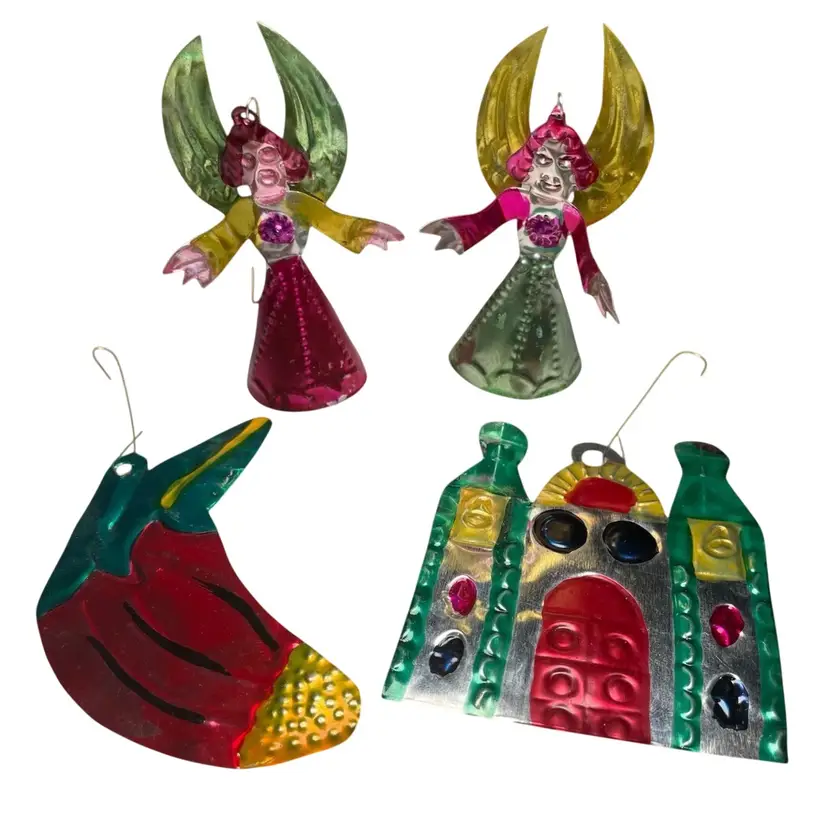 Handmade Folk Art (Mexico) Set of 4 Mexican Punched Tin Christmas Ornaments, 2 Angels, Church, Poinsettia