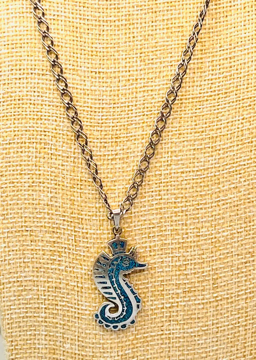 Rare Vintage Silver Taxco Seahorse Pendant With Turquoise Inlay on Sterling Silver Chain