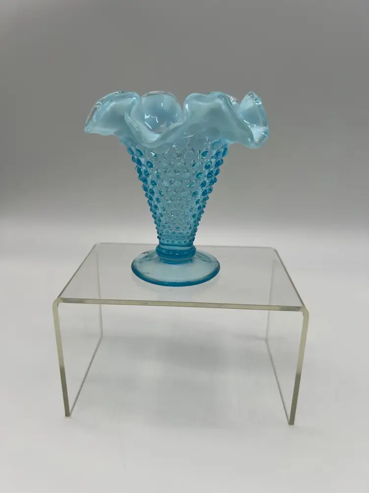 Vintage Fenton Aqua Opalescent Hobnail  Trumpet Vase